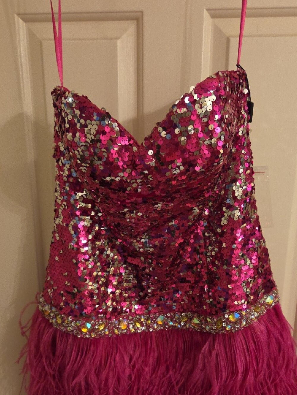 Night Moves Hot Pink Sequin & Feather Party Dress - Picture 4 of 5